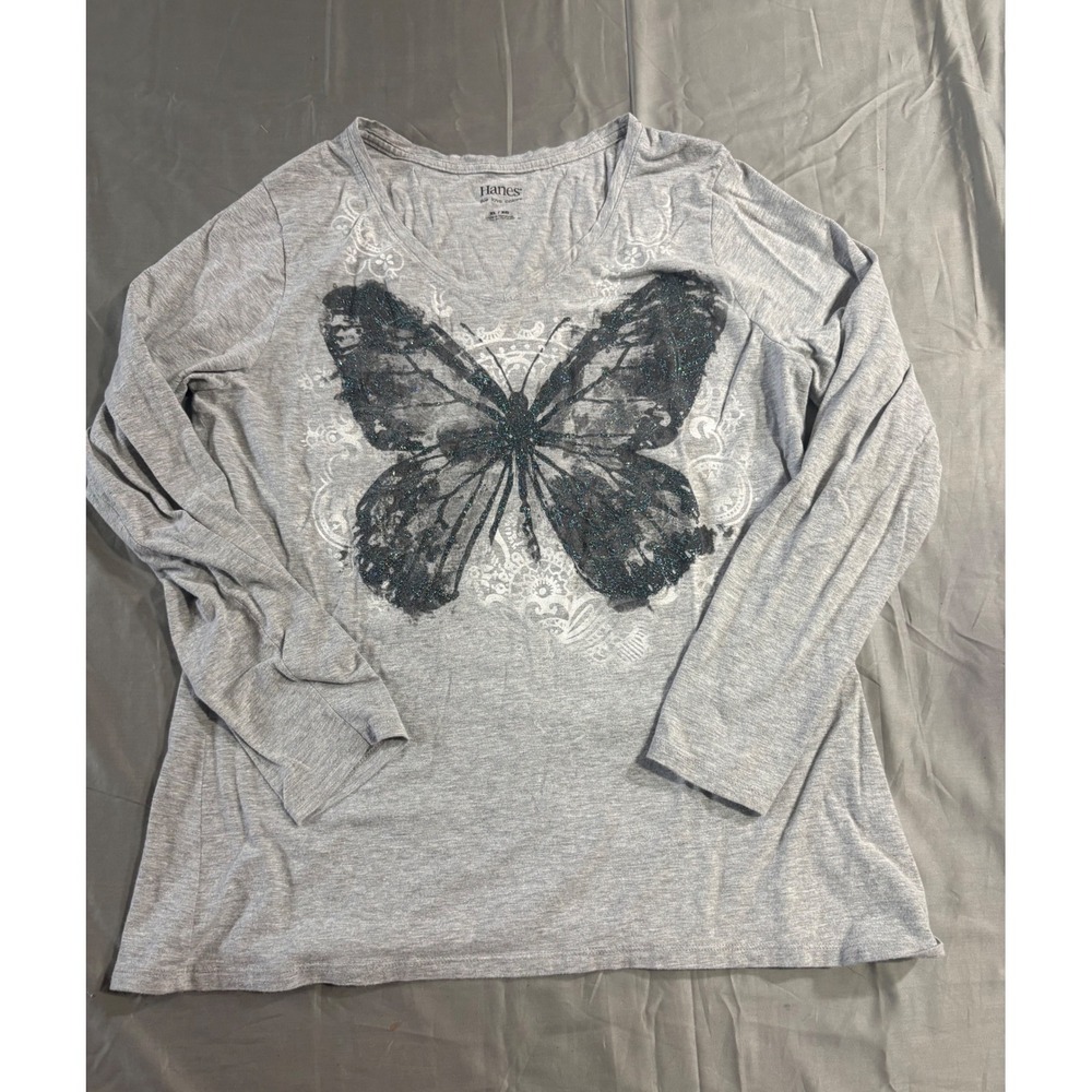 Hanes Live Love Color Gray Butterfly Glitter Graphic Long Sleeve Tee XL